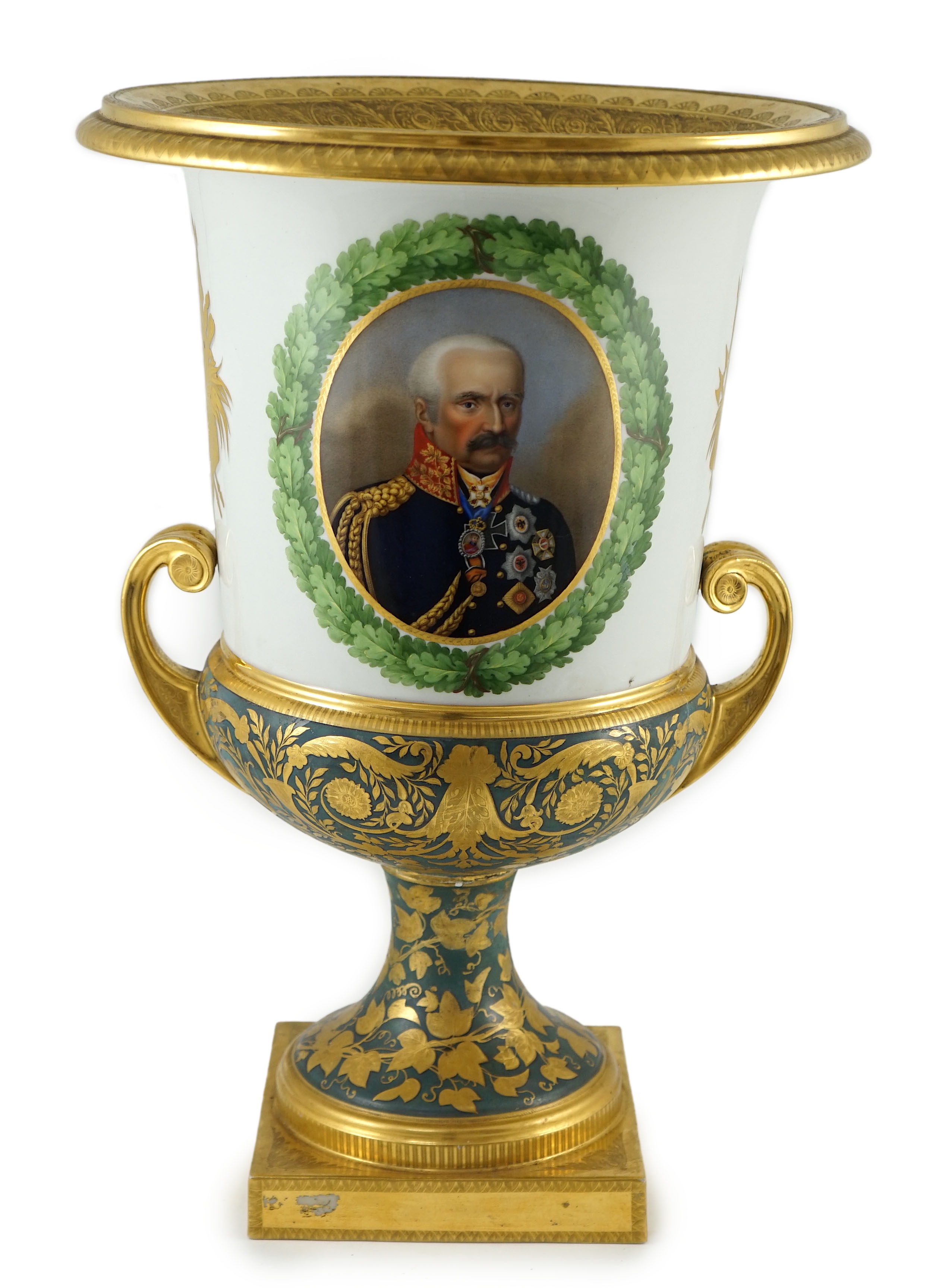 Napoleonic Wars interest: A large Berlin porcelain twin handled urn, c.1816, presented to Sir Henry Hardinge (1785-1856) by the Prussian Prince-General Blücher (1742-1819), 49cm high